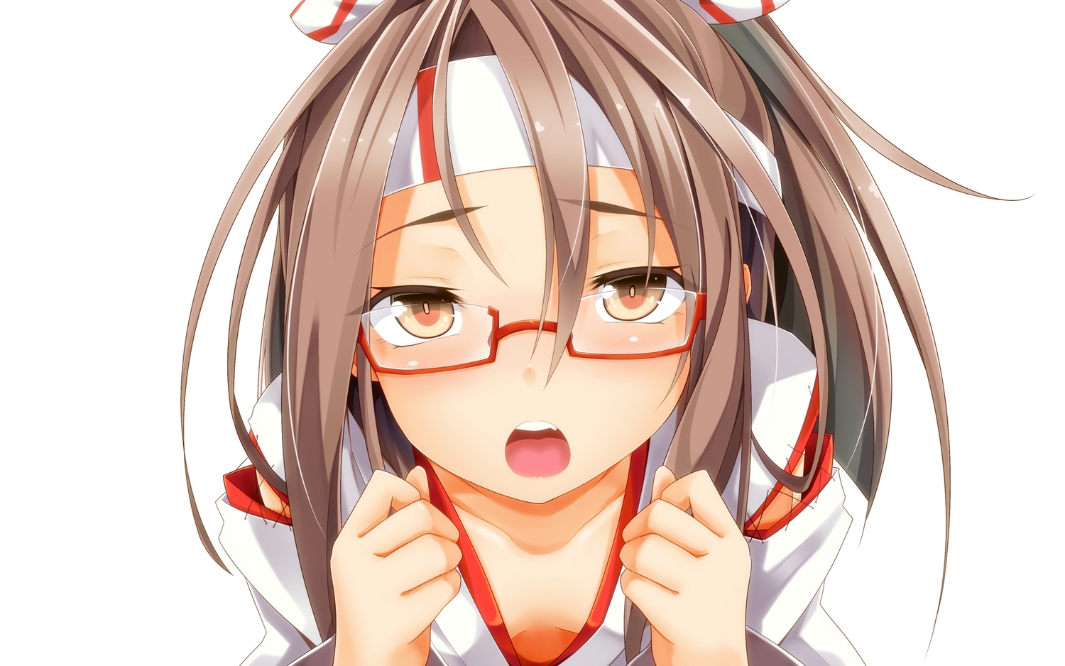 anthropomorphism, breasts, brown_hair, cleavage, close, glasses, headband, japanese_clothes