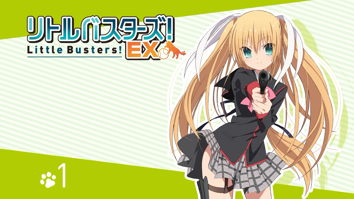 blonde_hair, green_eyes, gun, little_busters!, long_hair, school_uniform, skirt, tagme_(artist)
