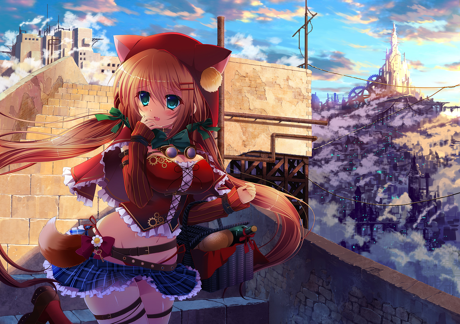 animal_ears, aqua_eyes, bow, breasts, brown_hair, cape, cleavage, drink, food, hood, ichi_rin, little_red_riding_hood, long_hair, original, red_riding_hood, ribbons, skirt, twintails