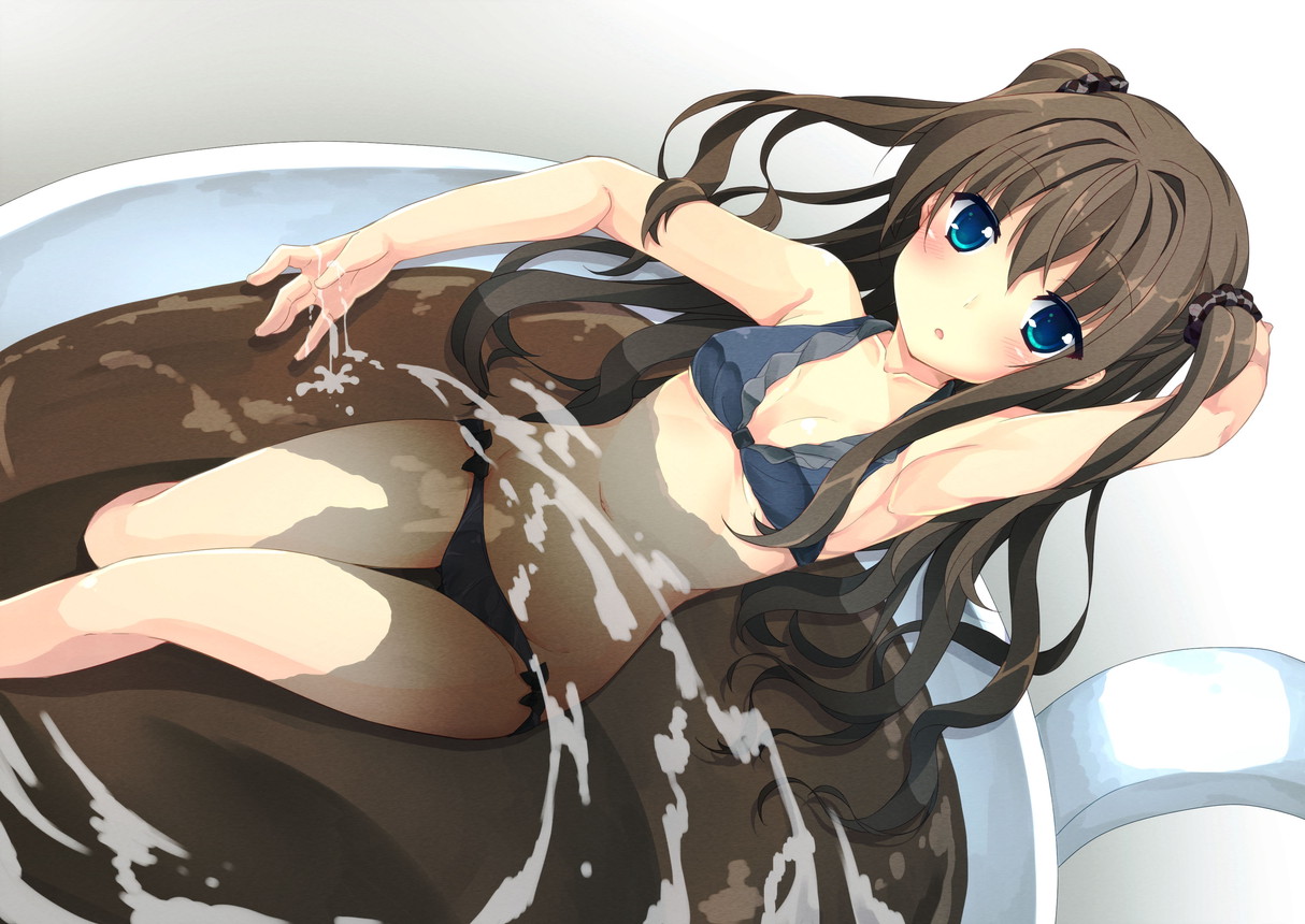 aqua_eyes, bath, bikini, brown_hair, drink, long_hair, original, oruto_(ort+), swimsuit, twintails, water