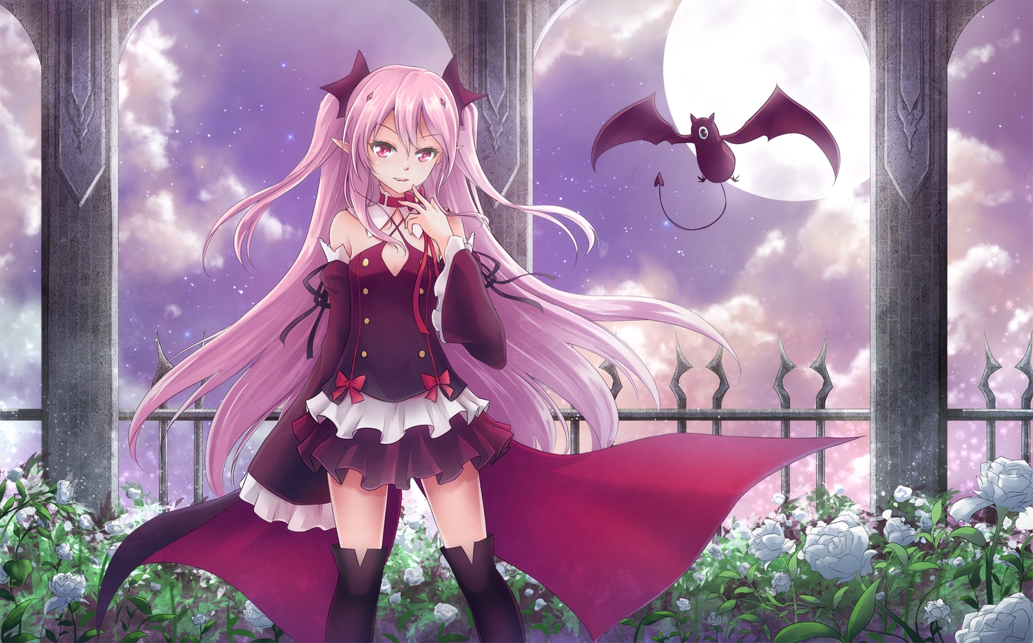 animal, asakurashinji, bat, cape, collar, fang, flowers, krul_tepes, moon, night, owari_no_seraph, pink_hair, pointed_ears, thighhighs, vampire