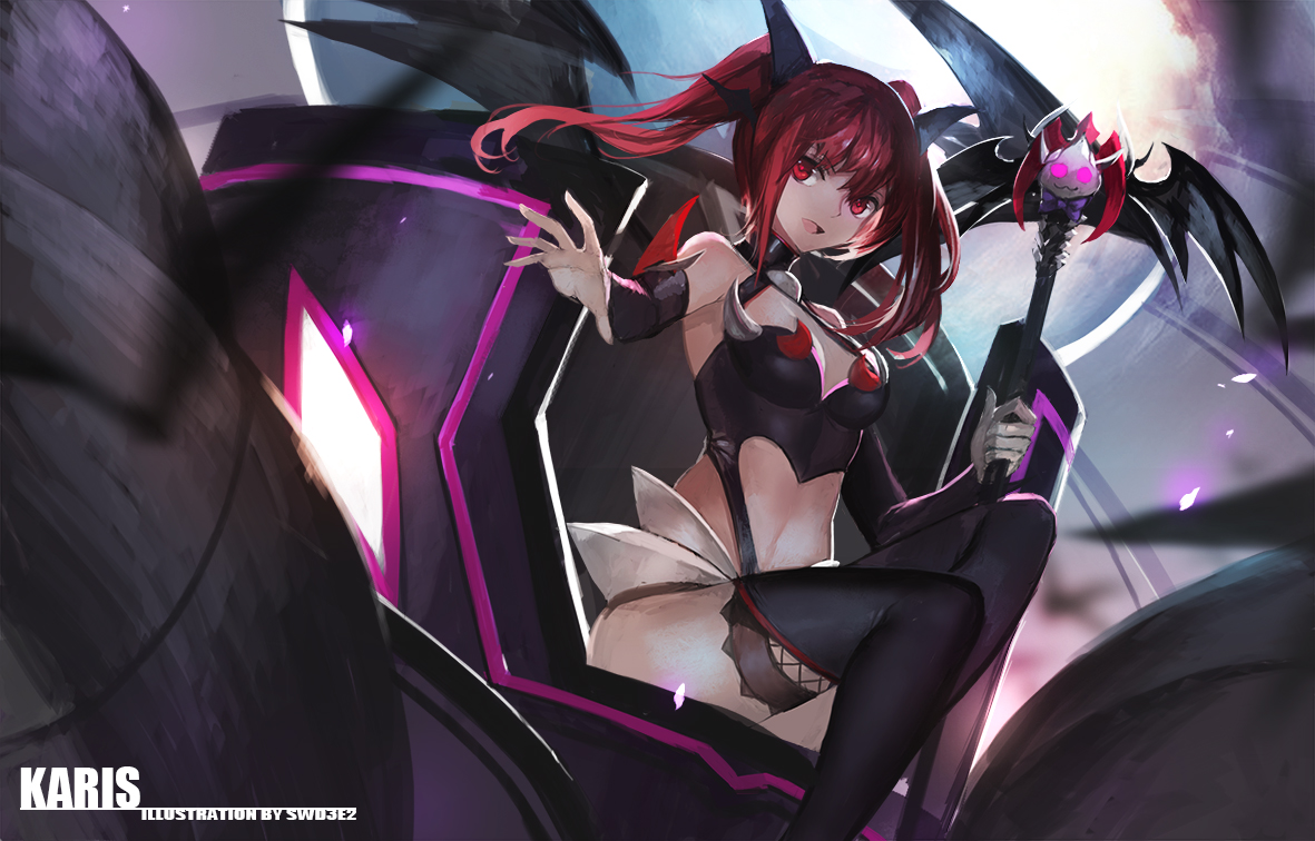 elsword, karis, long_hair, red_eyes, red_hair, staff, swd3e2, thighhighs, twintails, watermark