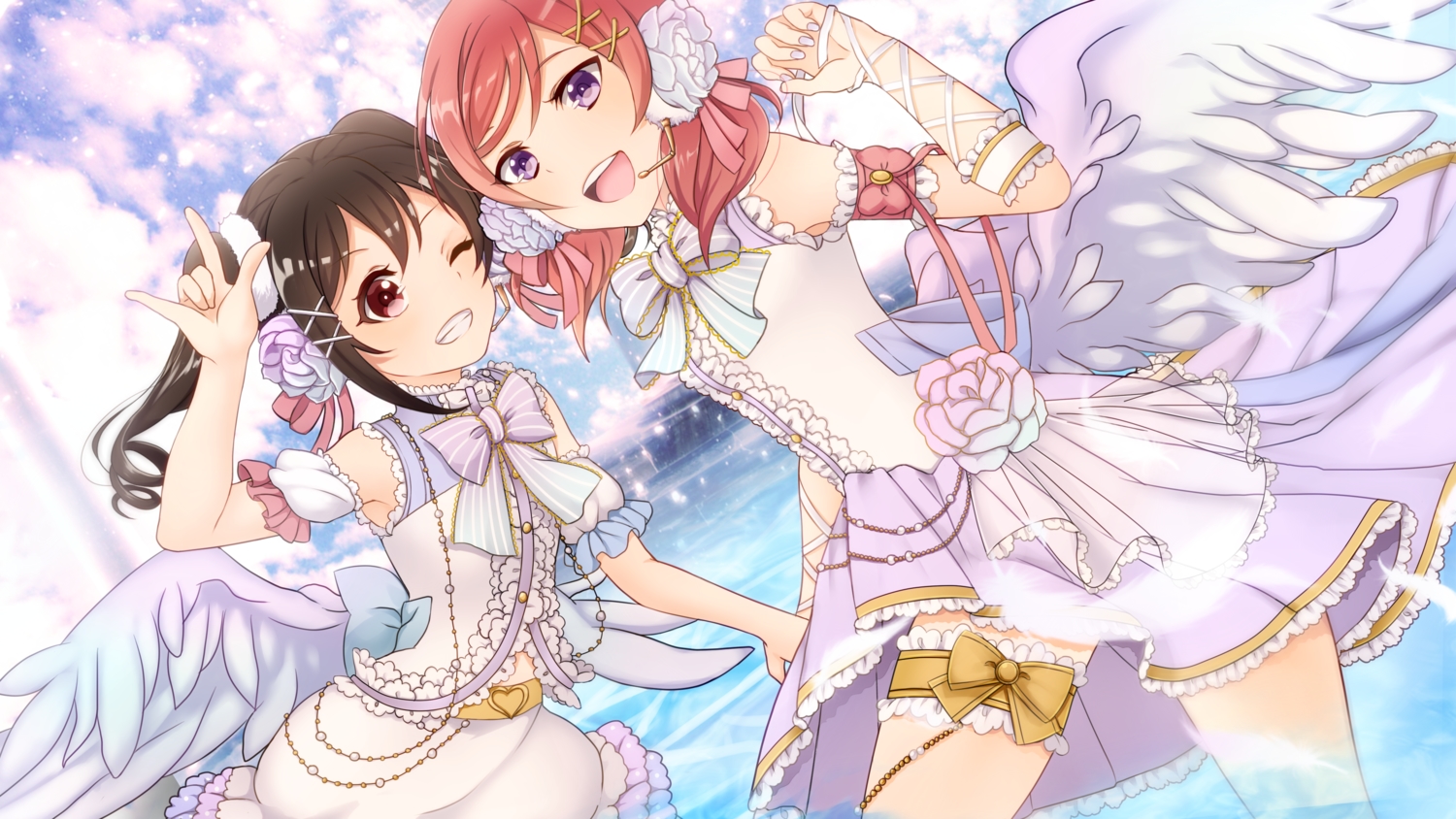 2girls, bow, brown_hair, dress, flowers, garter, heart, kurono_kito, love_live!_school_idol_project, microphone, nishikino_maki, pink_hair, purple_eyes, red_eyes, twintails, wings, wink, yazawa_nico