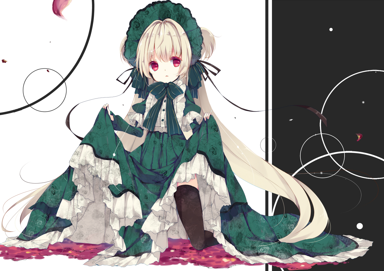 bow, dress, headdress, lolita_fashion, long_hair, original, petals, red_eyes