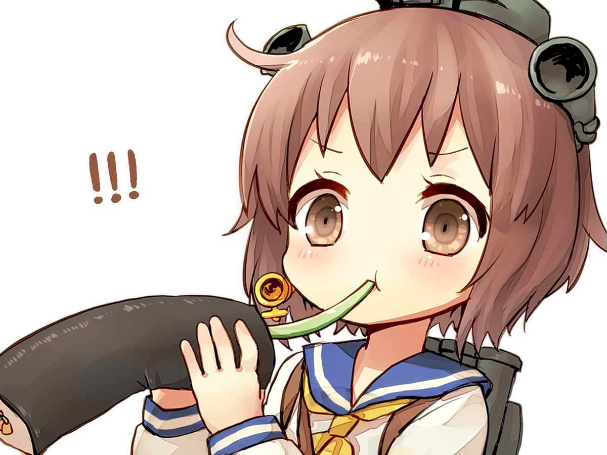 anthropomorphism, brown_eyes, brown_hair, close, food, headdress, kantai_collection, sad_fuka