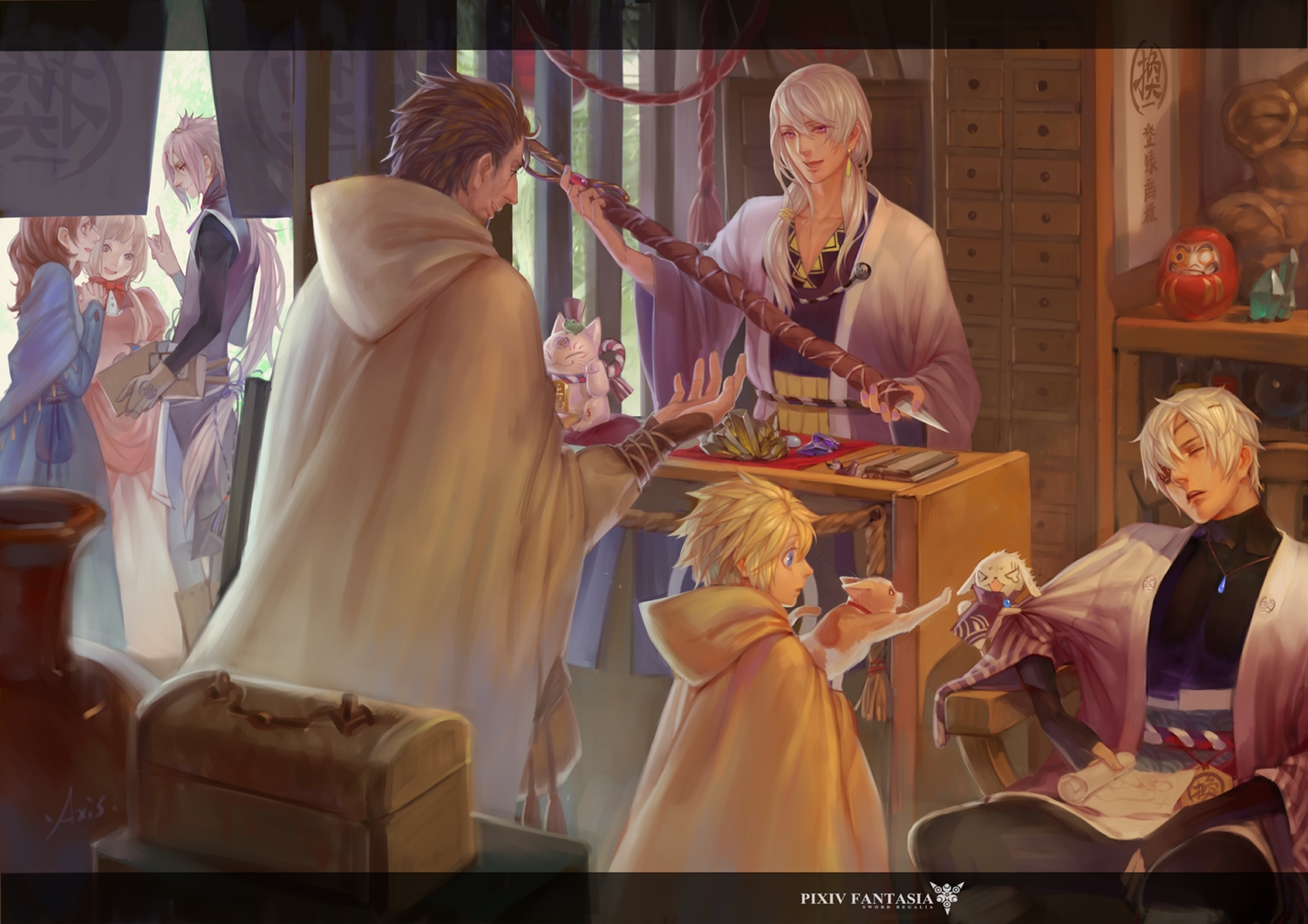 animal, .axis., blonde_hair, bow, brown_hair, cape, cat, elbow_gloves, eyepatch, gloves, group, hood, long_hair, male, necklace, original, pixiv_fantasia, ponytail, rabbit, rope, short_hair, signed, sleeping, sword, weapon, white_hair