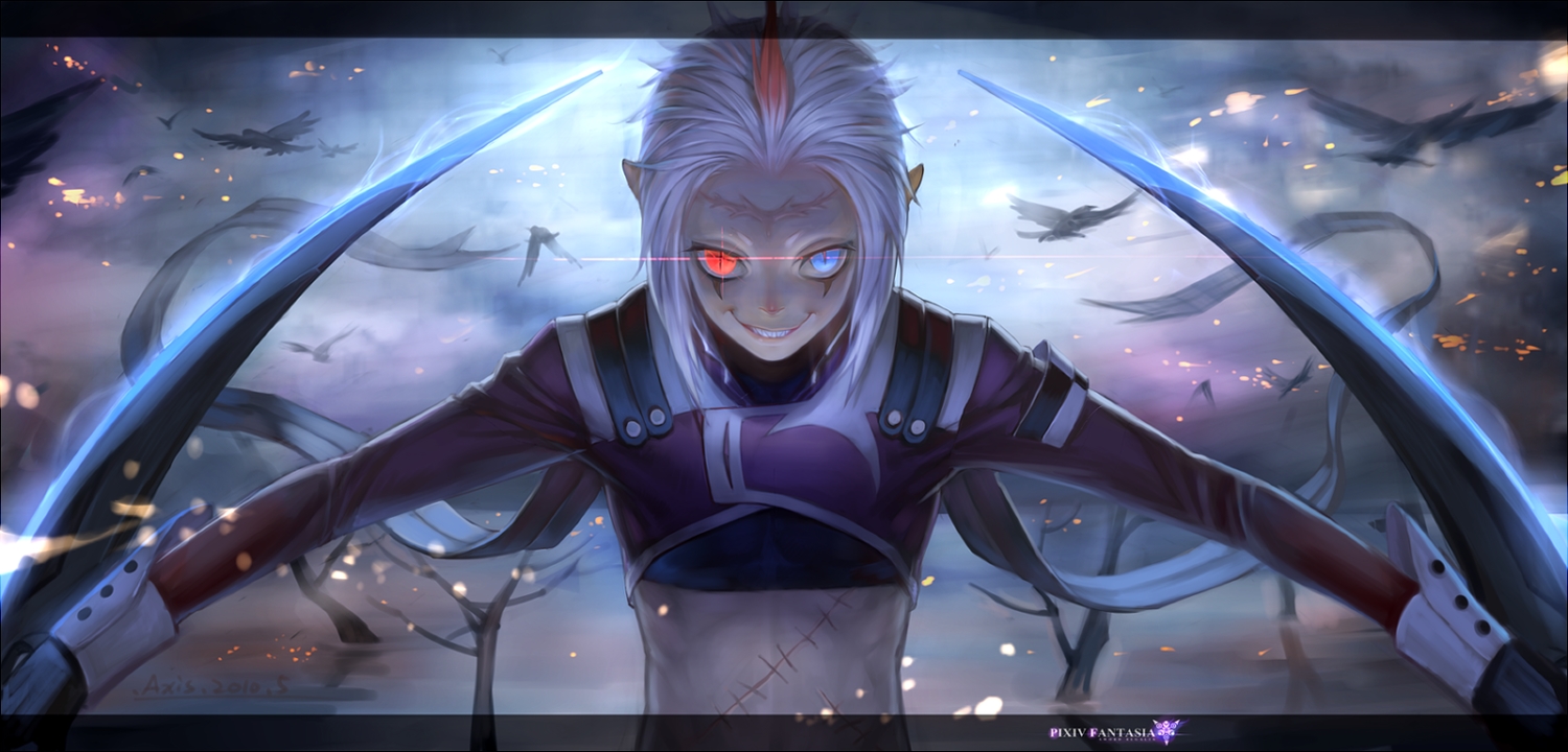 all_male, animal, .axis., bicolored_eyes, bird, gloves, male, original, pixiv_fantasia, pointed_ears, scar, short_hair, signed, tree, weapon, white_hair