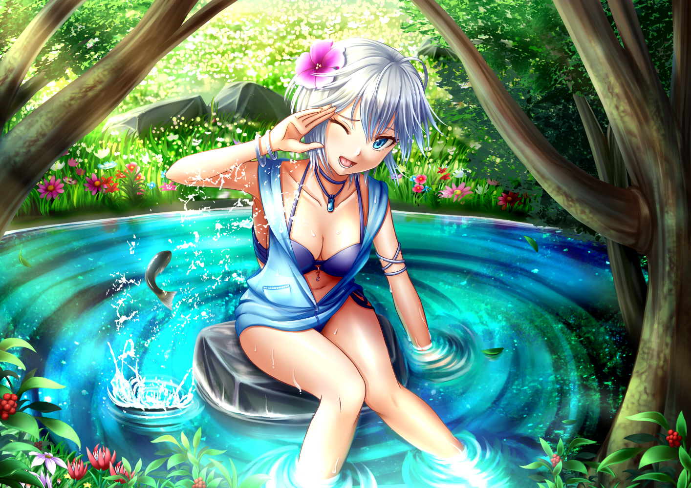 anastasia_(idolmaster), animal, barefoot, bikini, blue_eyes, chiko_(kanhogo), choker, fish, flowers, grass, gray_hair, idolmaster, idolmaster_cinderella_girls, leaves, necklace, open_shirt, scenic, short_hair, swimsuit, tree, water, wet, wink, wristwear