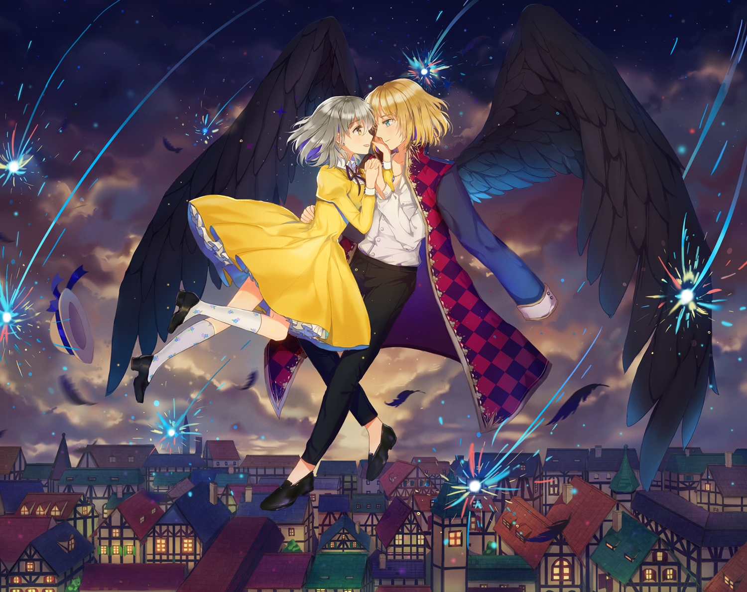 blonde_hair, building, city, dangmill, dress, feathers, fireworks, gray_hair, hat, howl, howl's_moving_castle, kneehighs, male, necklace, night, sky, sophie_hatter, wings