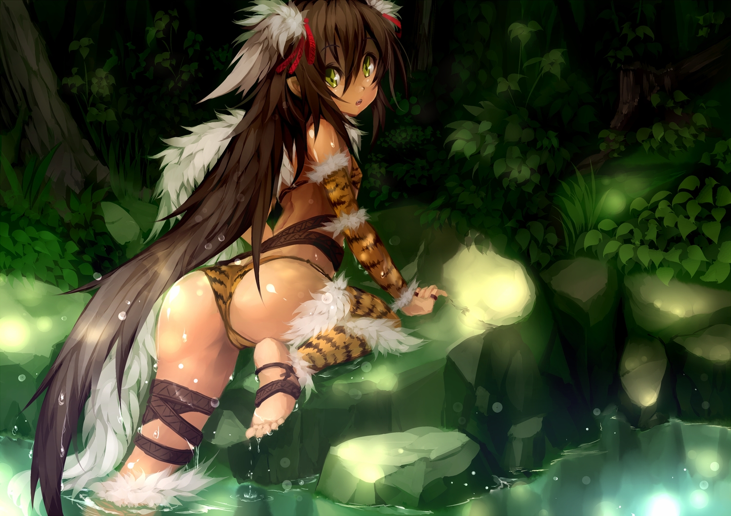 ass, barefoot, bella_(sennen_sensou_aigis), brown_hair, dark, forest, green_eyes, leaves, long_hair, sennen_sensou_aigis, tree, usuki_(graygreed), water, wet