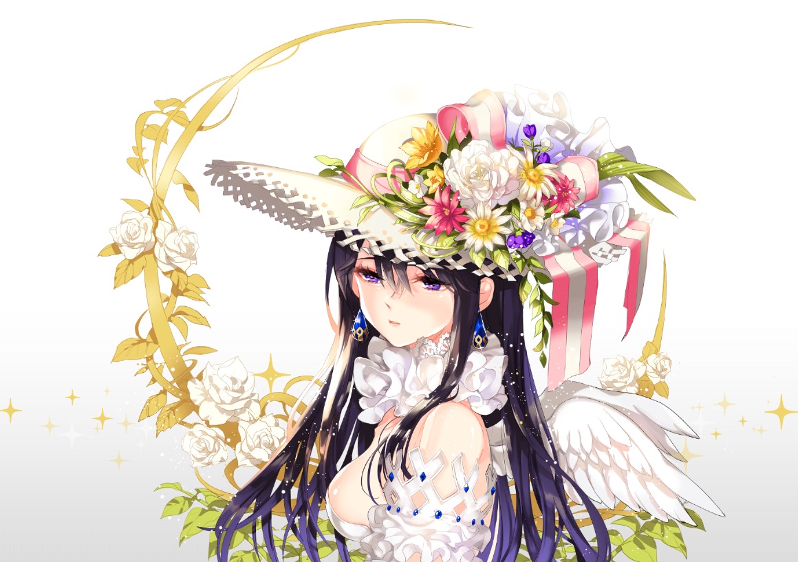black_hair, breasts, collar, flowers, hat, long_hair, original, platina77, purple_eyes, rose, white, wings