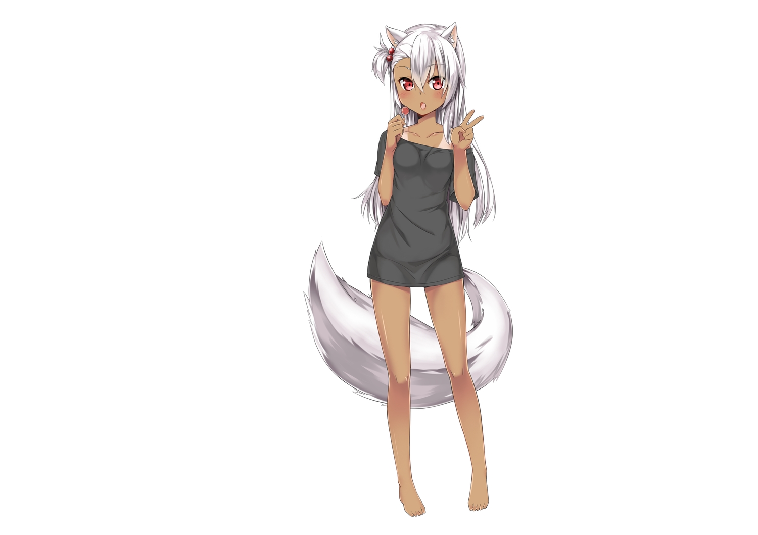 animal_ears, barefoot, blush, candy, dark_skin, fang, foxgirl, @ichigo, lollipop, long_hair, original, red_eyes, tail, tan_lines, white, white_hair