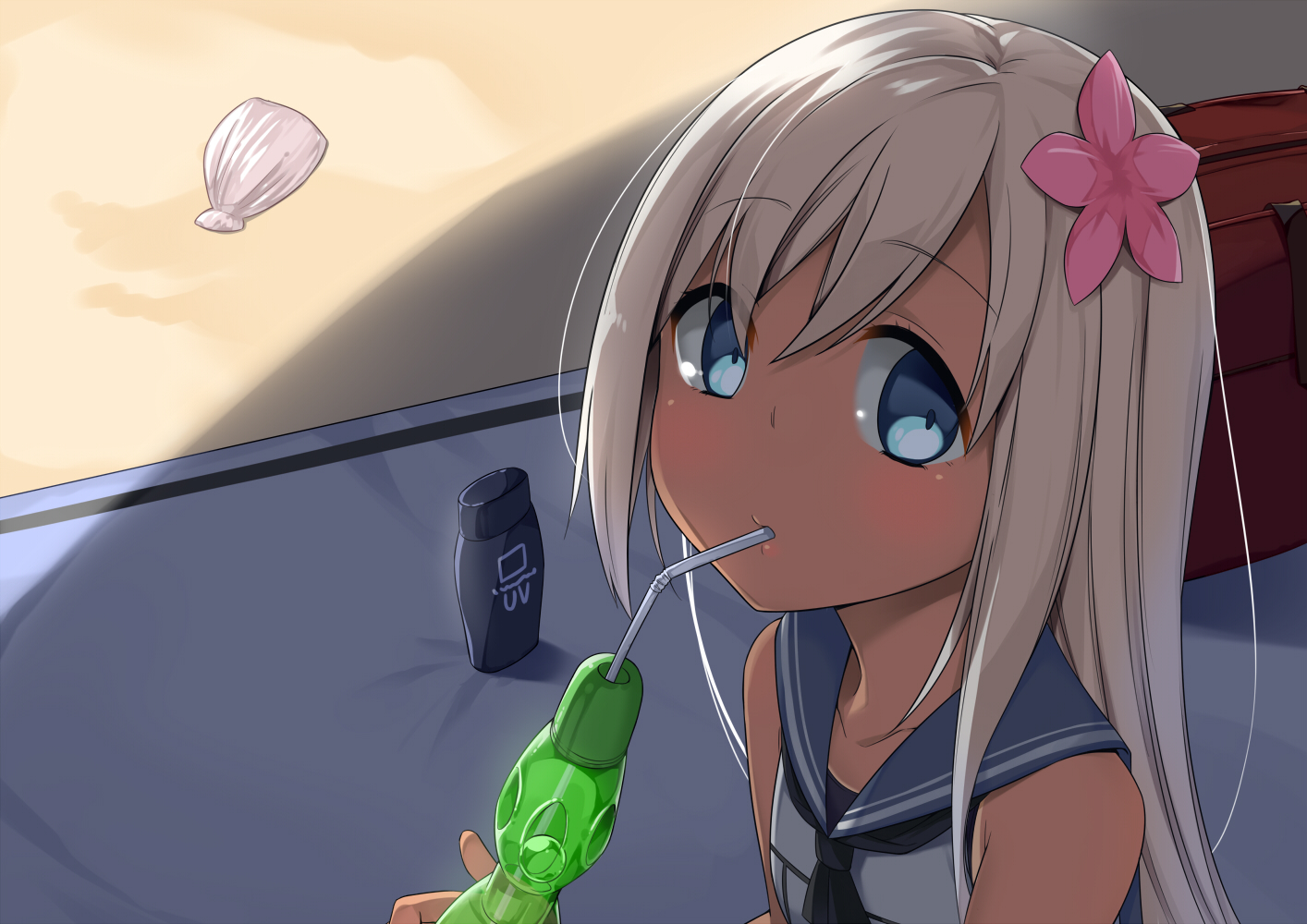anthropomorphism, beach, blonde_hair, blue_eyes, blush, drink, flowers, @ichigo
