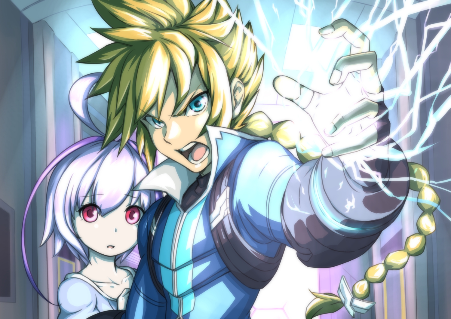 aqua_eyes, azure_striker_gunvolt, blonde_hair, braids, gunvolt, joule_(gunvolt), long_hair, male, pink_eyes, ponytail, purple_hair, yoshitatsu_ousuke