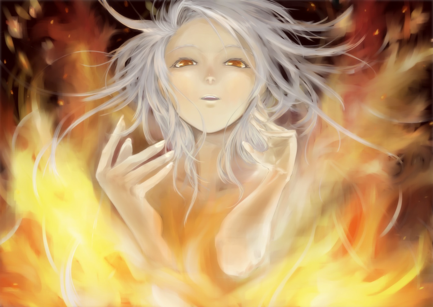 fire, long_hair, orange_eyes, original, white_hair, yoshitatsu_ousuke