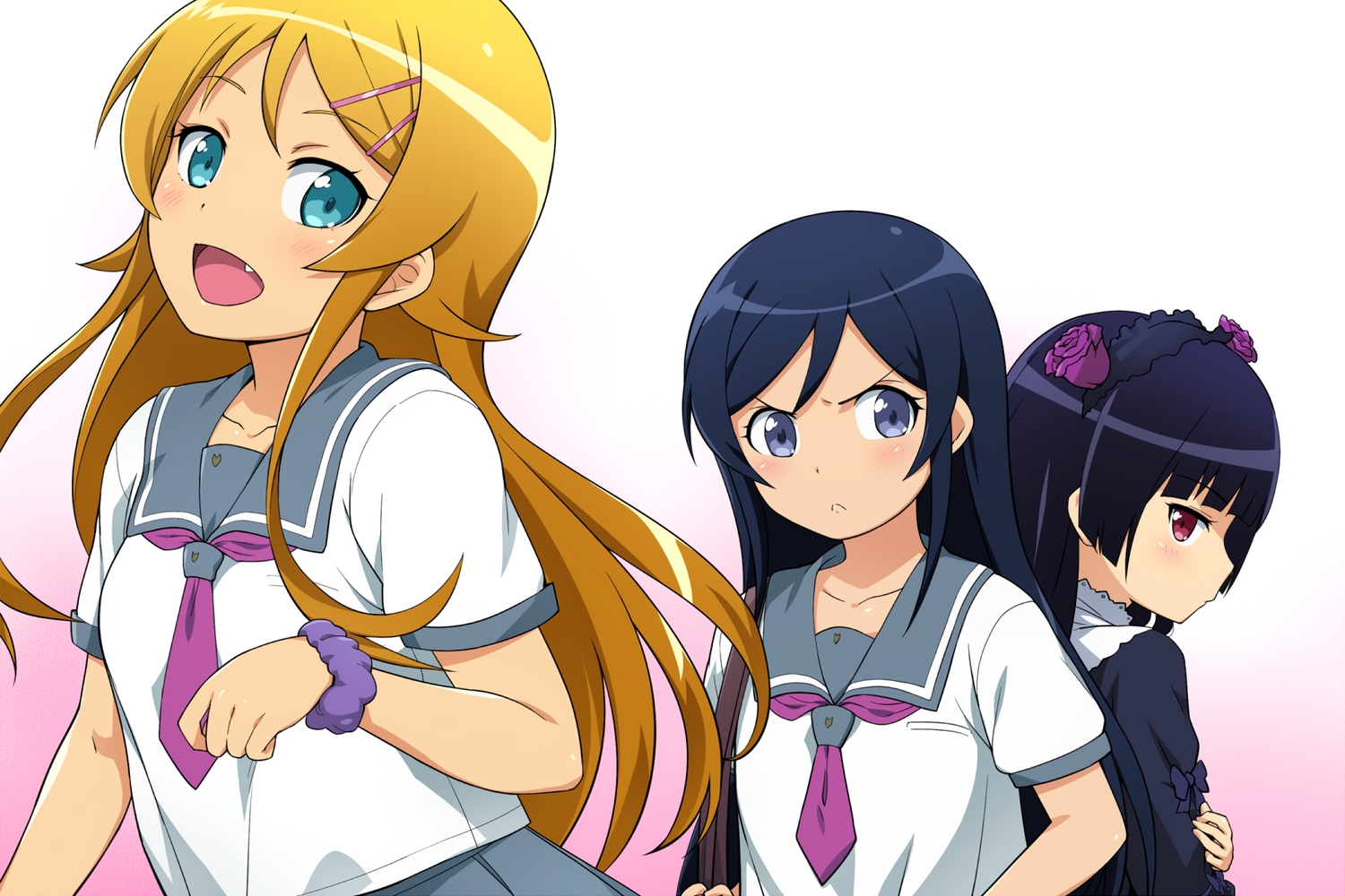 aqua_eyes, aragaki_ayase, black_hair, blonde_hair, blue_eyes, fang, flowers, gokou_ruri, goth-loli, hairu, kousaka_kirino, lolita_fashion, long_hair, ore_no_imouto_ga_konna_ni_kawaii_wake_ga_nai, red_eyes, rose, school_uniform, wristwear