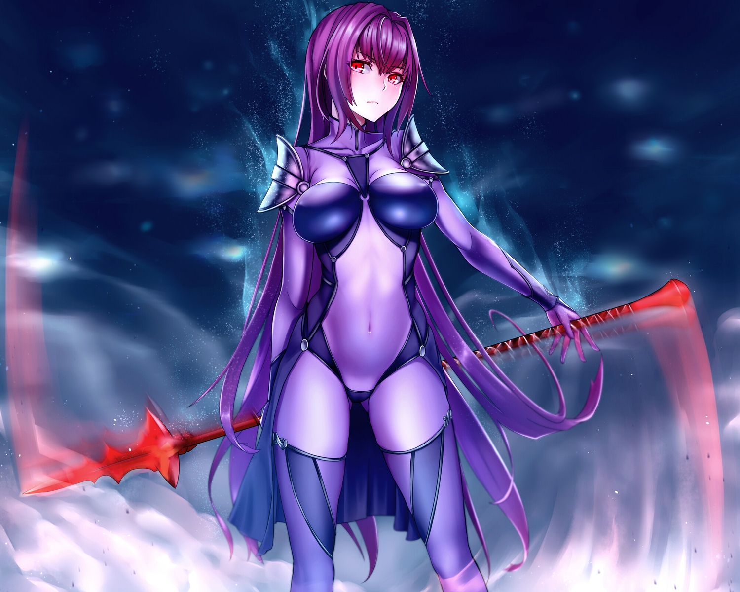 armor, bodysuit, cropped, erect_nipples, fate/grand_order, fate_(series), long_hair, purple_hair, red_eyes, scathach_(fate/grand_order), shijiu_(adamhutt), skintight, spear, weapon