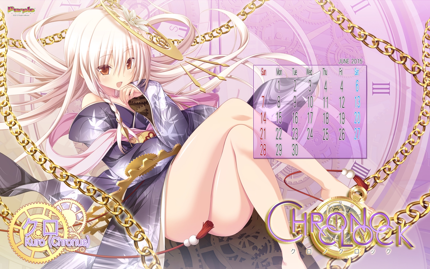barefoot, blonde_hair, calendar, chrono_clock, japanese_clothes, kimono, koku, kuro_(chrono_clock)