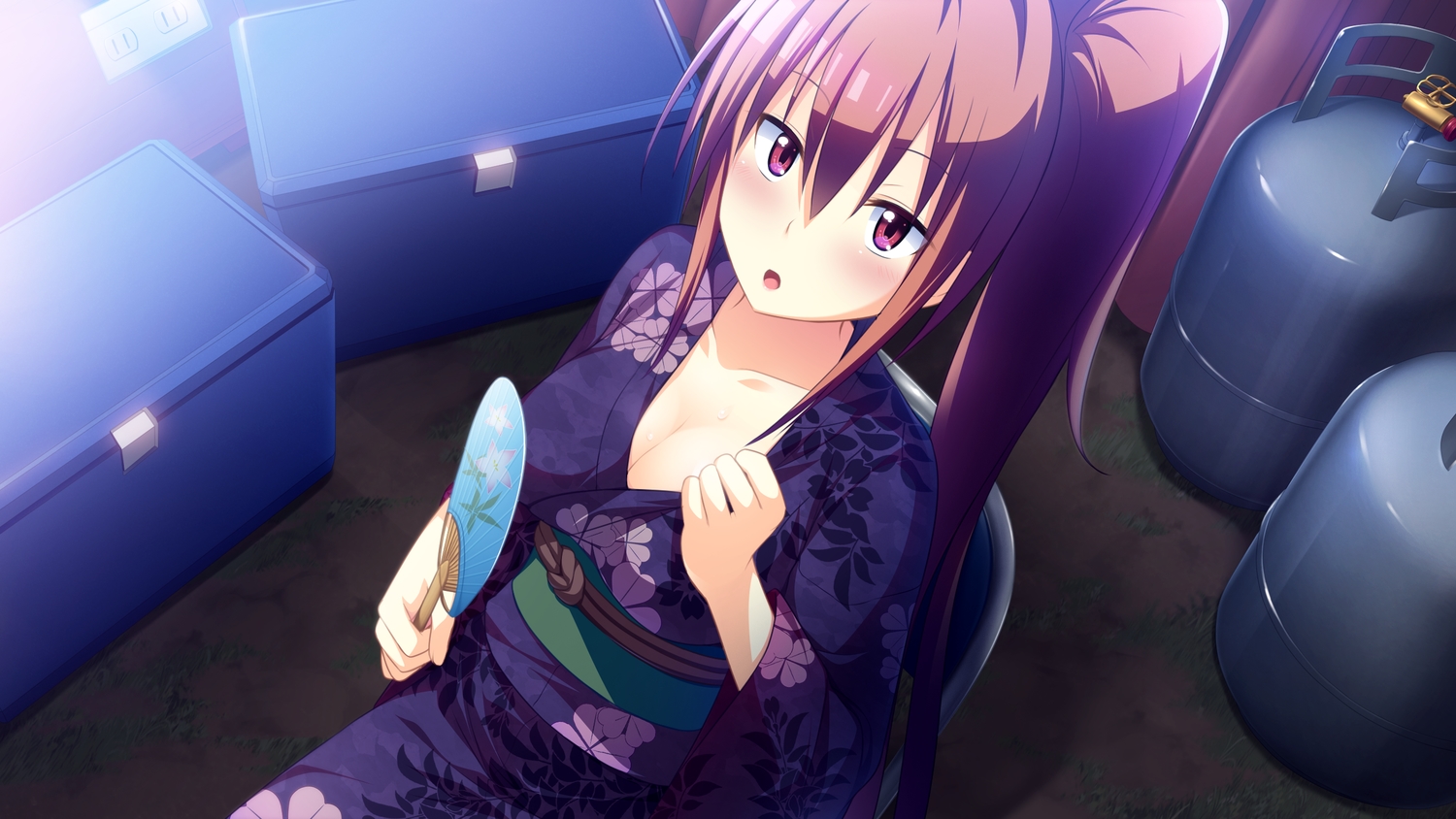 ajigasawa_ryouka, blush, breasts, brown_hair, cleavage, fan, game_cg, japanese_clothes
