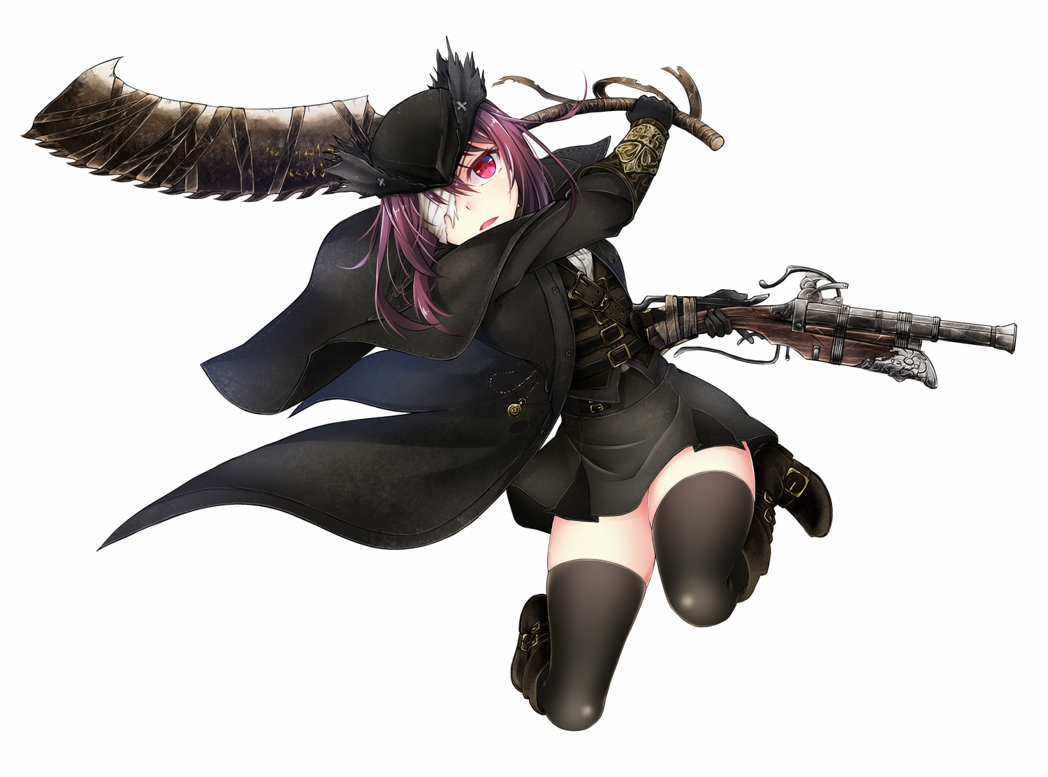 bandage, bloodborne, boots, cape, eyepatch, gloves, gun, hat, helther, pink_eyes, purple_hair, skirt, the_hunter, thighhighs, weapon, white, zettai_ryouiki