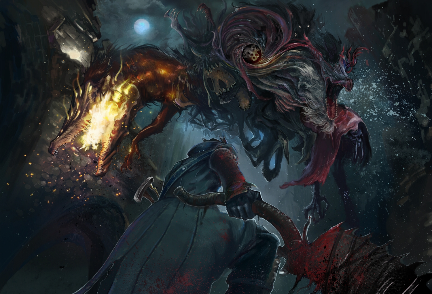 blood, bloodborne, dark, dragon, gloves, moon, night, shibafu_no_atama, the_hunter, weapon