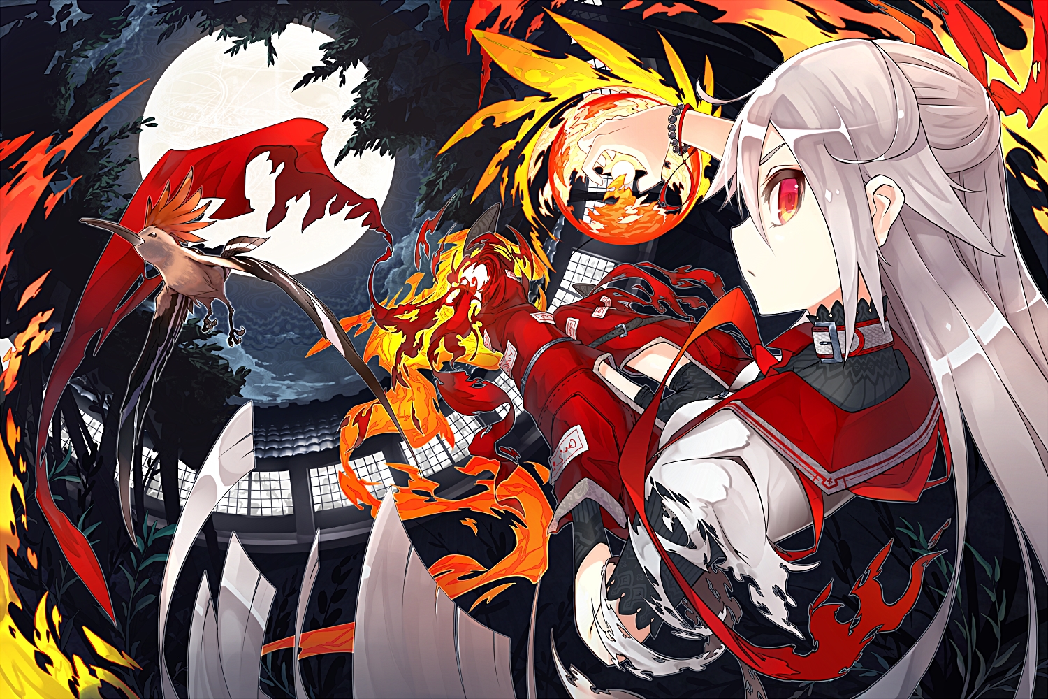 animal, bird, building, collar, fire, fujiwara_no_mokou, gray_hair, kusakanmuri, long_hair, moon, night, red_eyes, torn_clothes, touhou, wristwear