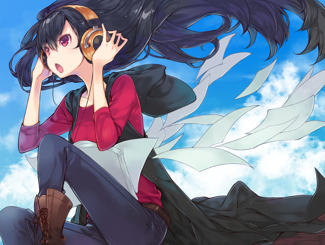 black_hair, boots, cape, chiko_(mizuho), clouds, headphones, hood, long_hair, original, paper, red_eyes, sky