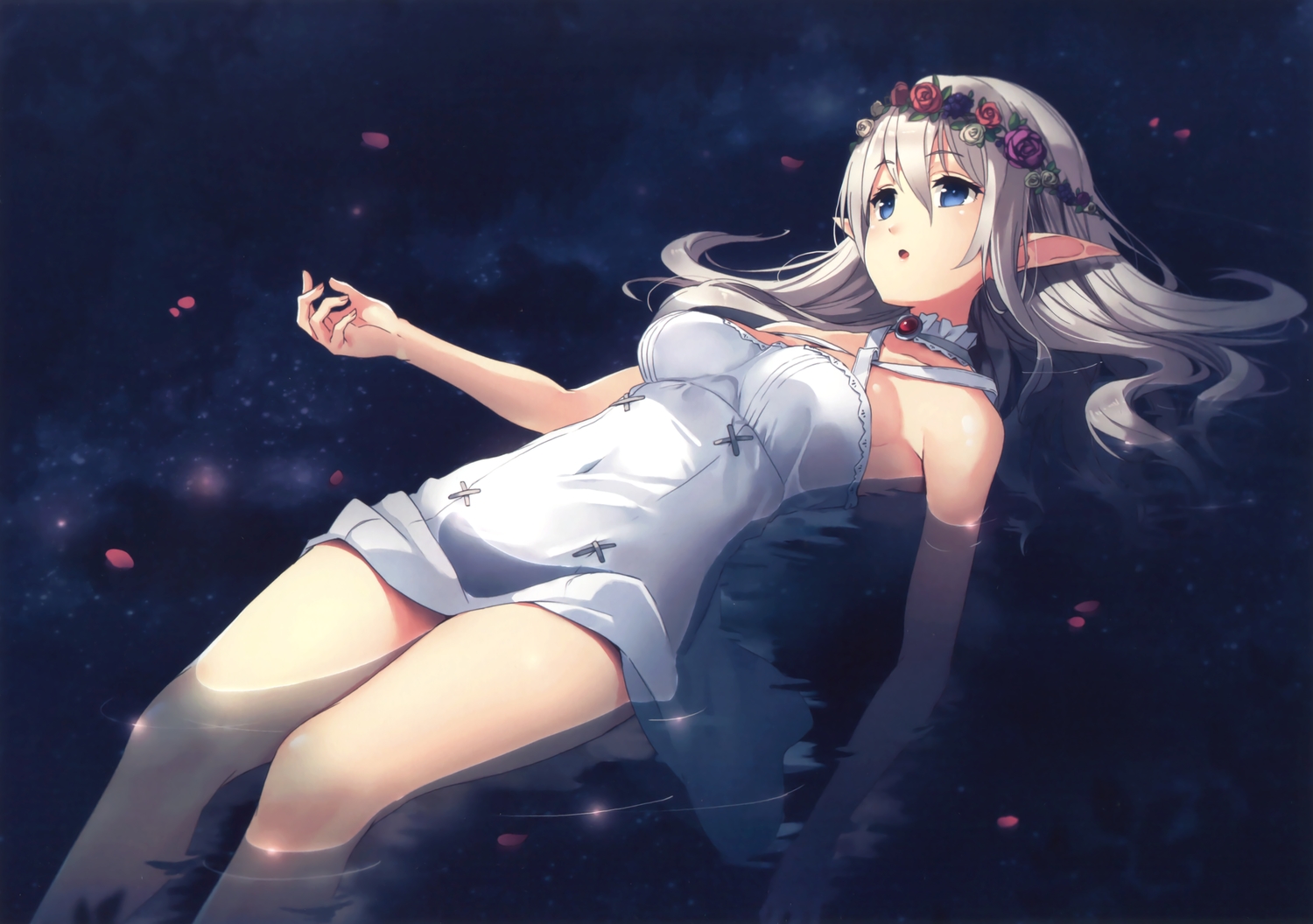blue_eyes, choker, dress, gray_hair, original, paseri, petals, pointed_ears, scan, tiara, water