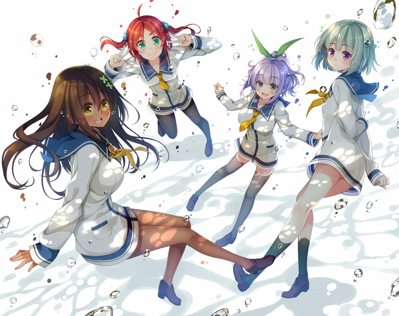 aqua_eyes, blue_eyes, brown_hair, bubbles, dark_skin, green_hair, group, hatachi