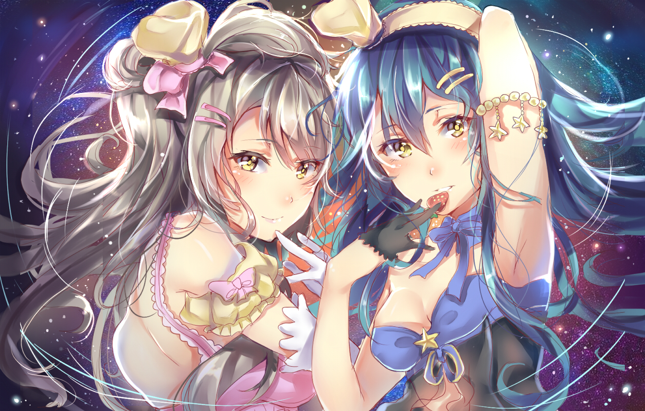 2girls, blue_hair, dress, elbow_gloves, gloves, gray_hair, headband, long_hair