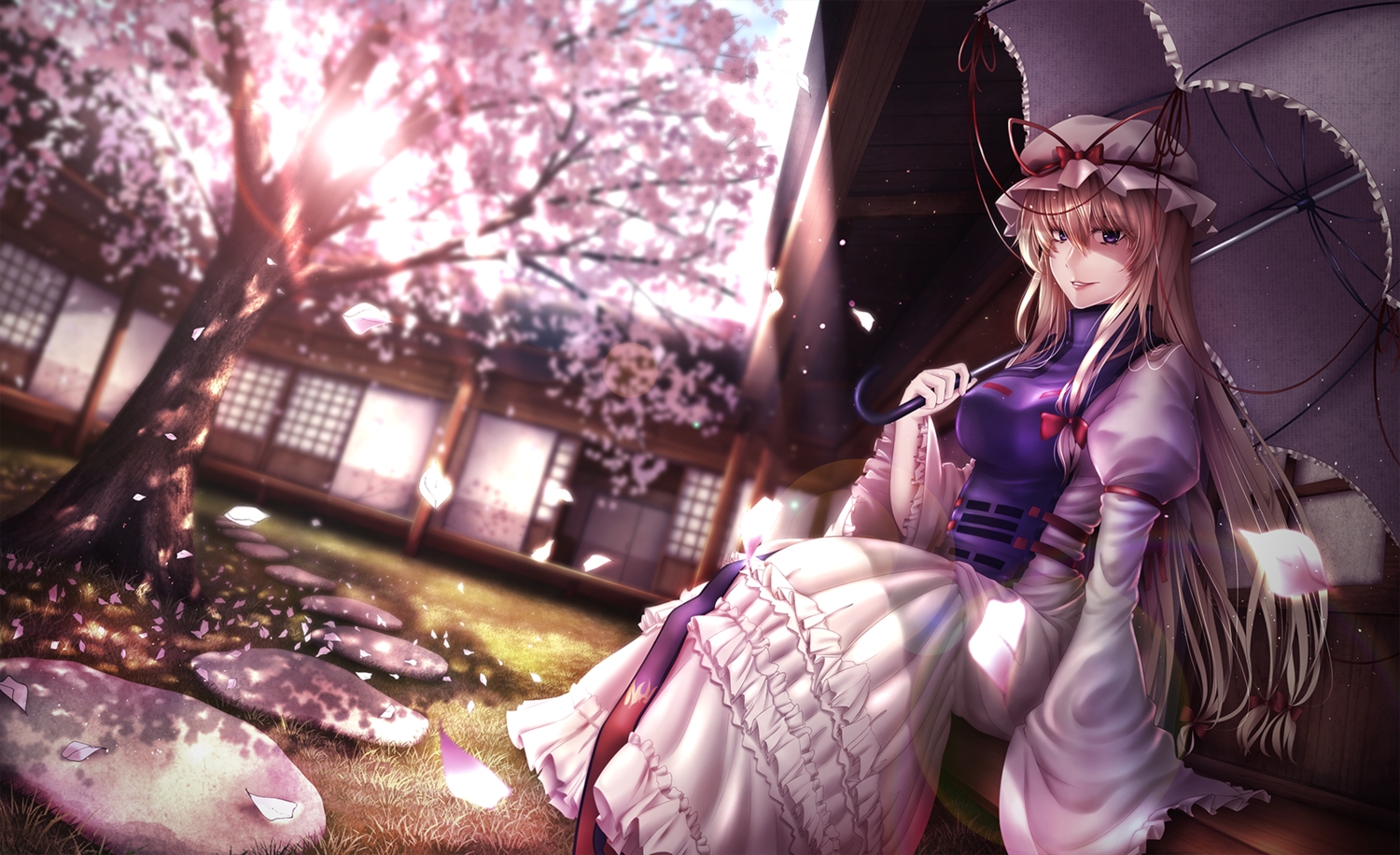 blonde_hair, bow, building, cherry_blossoms, dress, flowers, grass, hat
