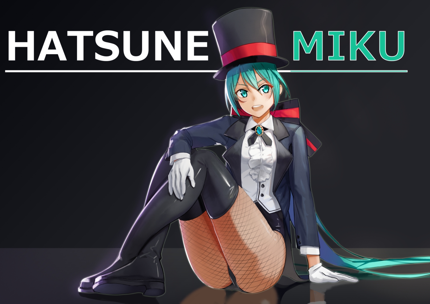 aqua_eyes, aqua_hair, boots, gloves, hat, hatsune_miku, long_hair, miracle_paint_(vocaloid), seinen, suit, thighhighs, vocaloid