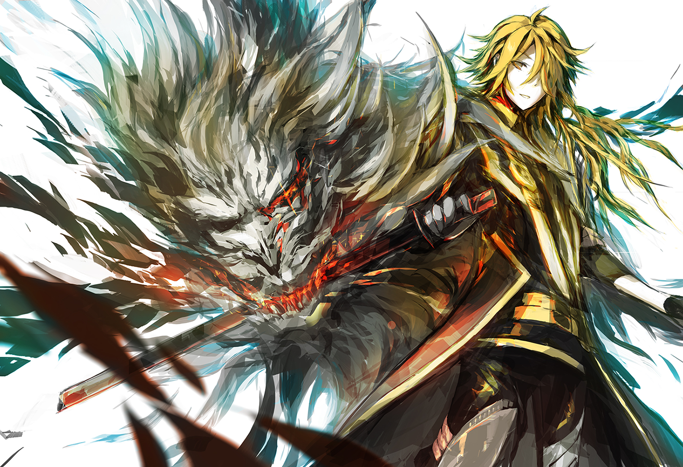 all_male, anthropomorphism, blonde_hair, long_hair, lowlight_kirilenko, male, shishiou, sword, touken_ranbu, weapon
