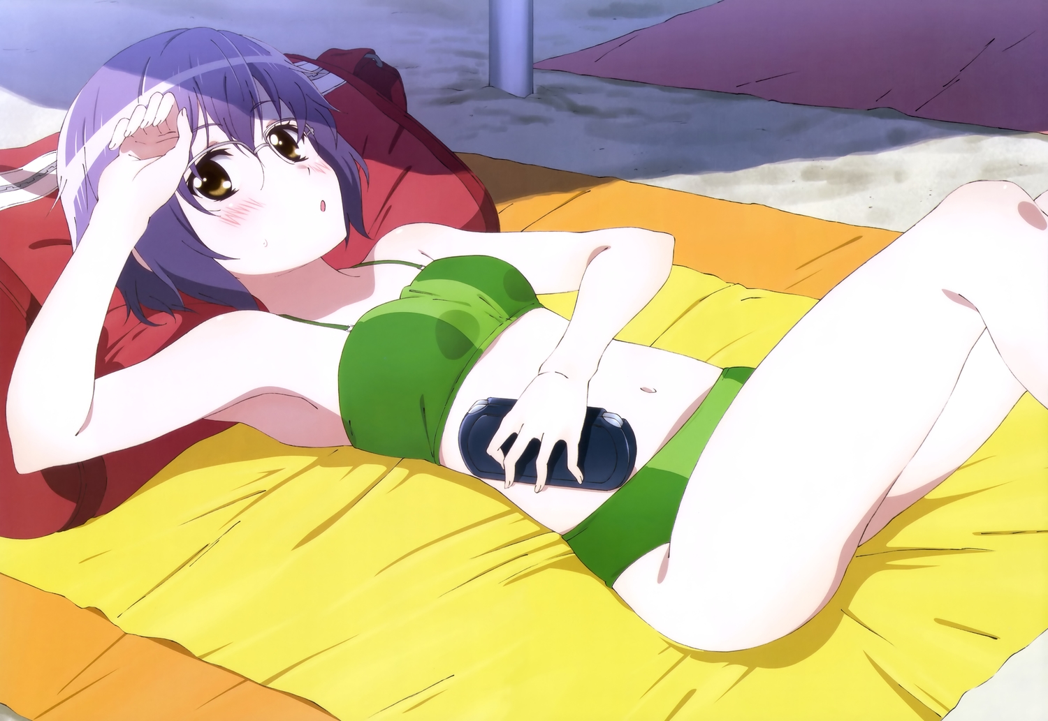 beach, bikini, blush, game_console, glasses, gray_hair, nagato_yuki, nagato_yuki-chan_no_shoushitsu, nyantype, scan, short_hair, suzumiya_haruhi_no_yuutsu, swimsuit, tagme_(artist)