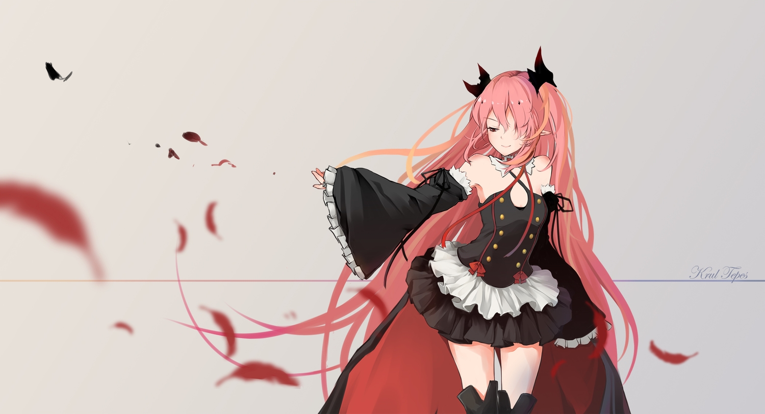 bow, choker, collar, feathers, gray, kneehighs, krul_tepes, long_hair