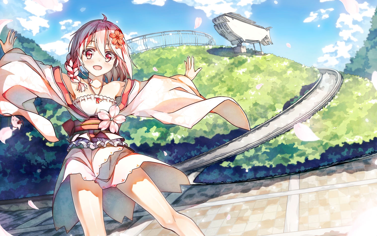 90i, aliasing, anthropomorphism, braids, cherry_blossoms, clouds, flowers, japanese_clothes