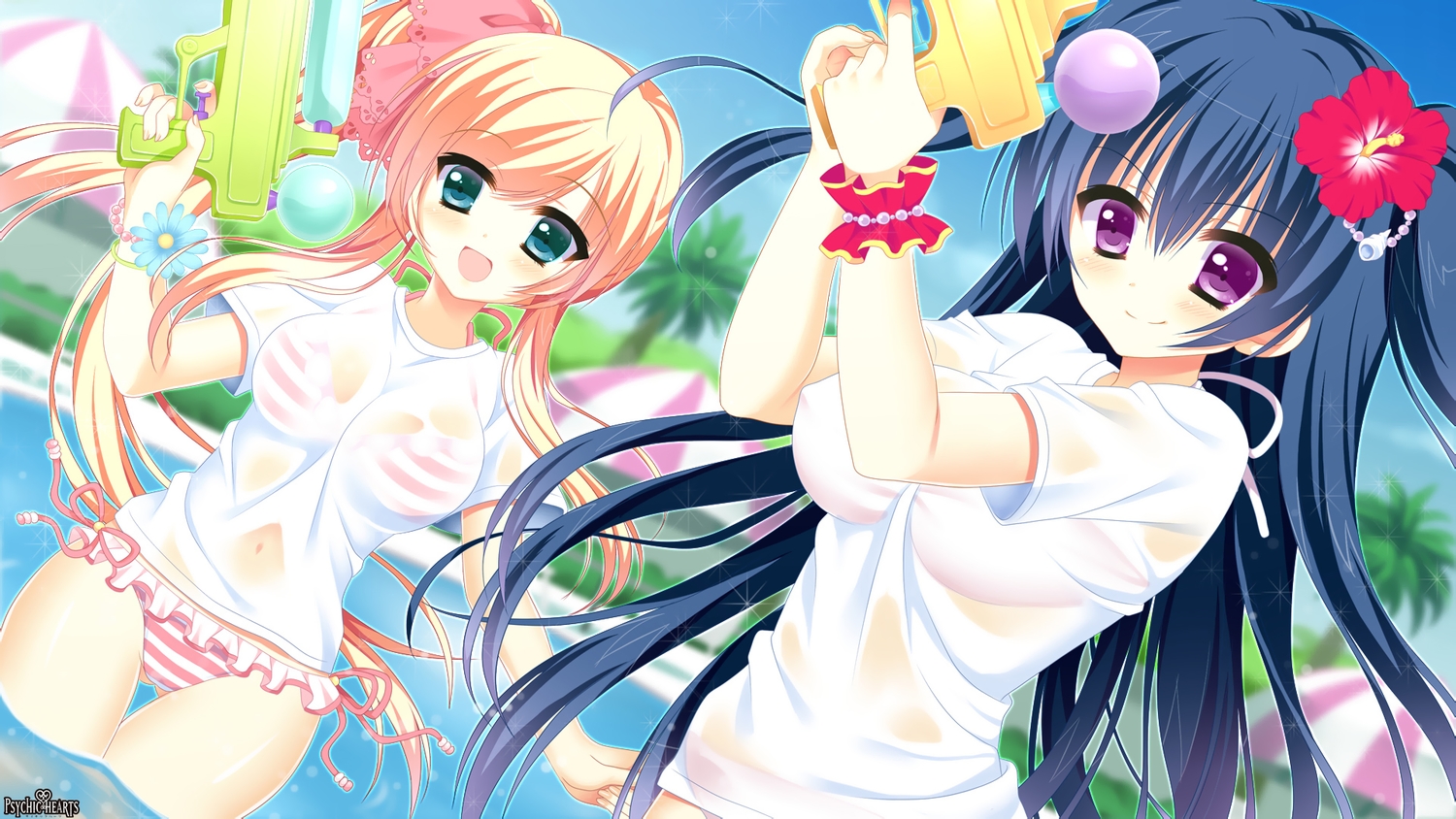 2girls, aliasing, bikini, blush, logo, long_hair, pool, psychic_hearts, see_through, swimsuit, tagme_(character), water, wet, yuyumatsu