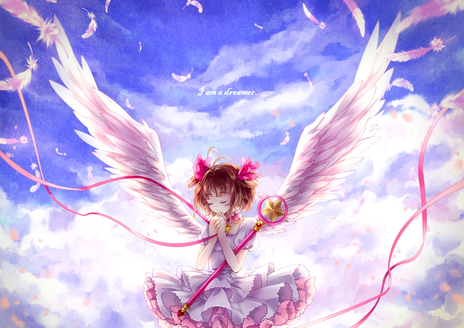 brown_hair, card_captor_sakura, clouds, collar, dress, kinomoto_sakura, momoko_(artist), momoko_(momoko14), ribbons, sky, staff, wings