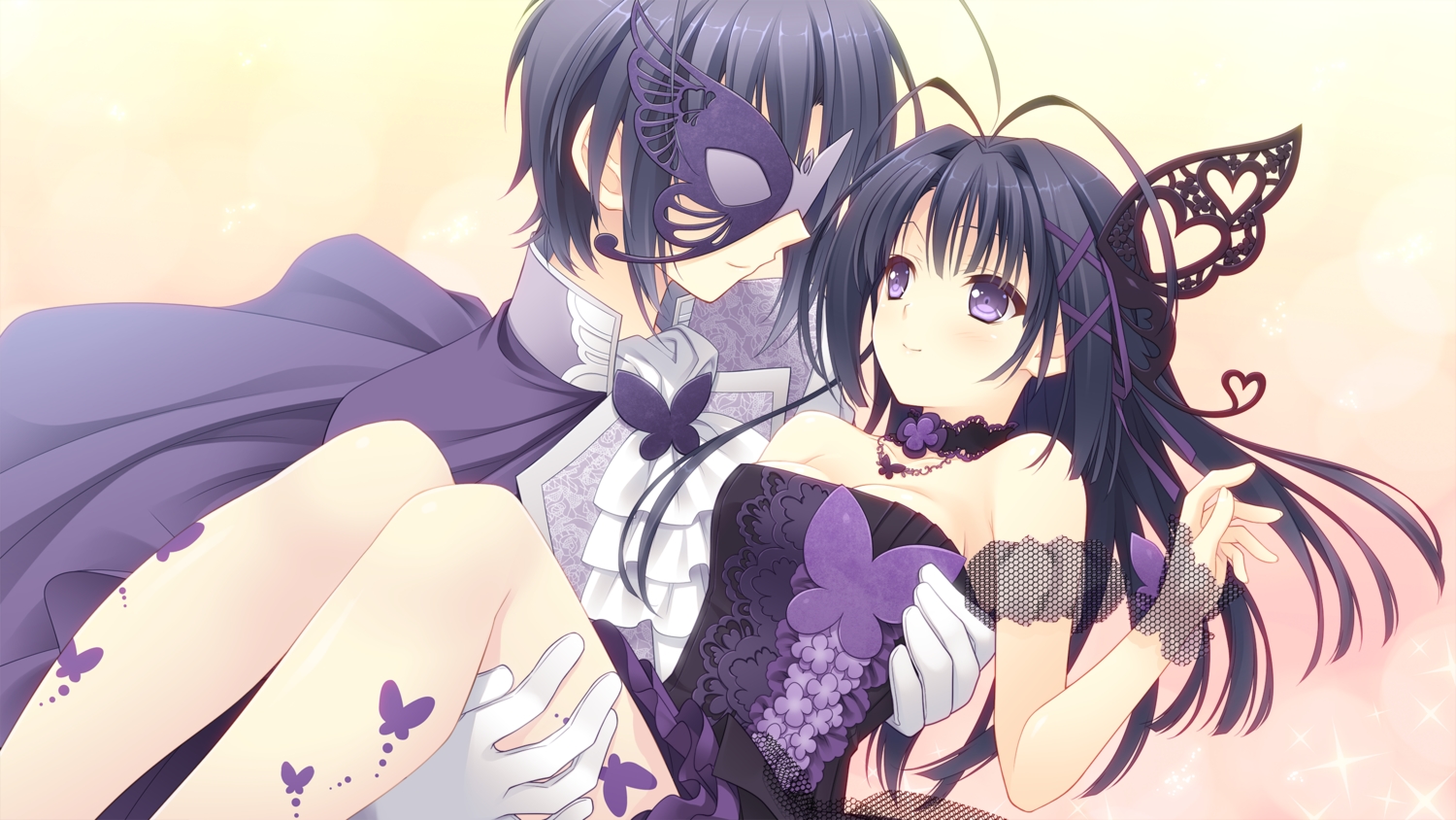 butterfly, choker, dress, game_cg, long_hair, male, mask, navel_(company)