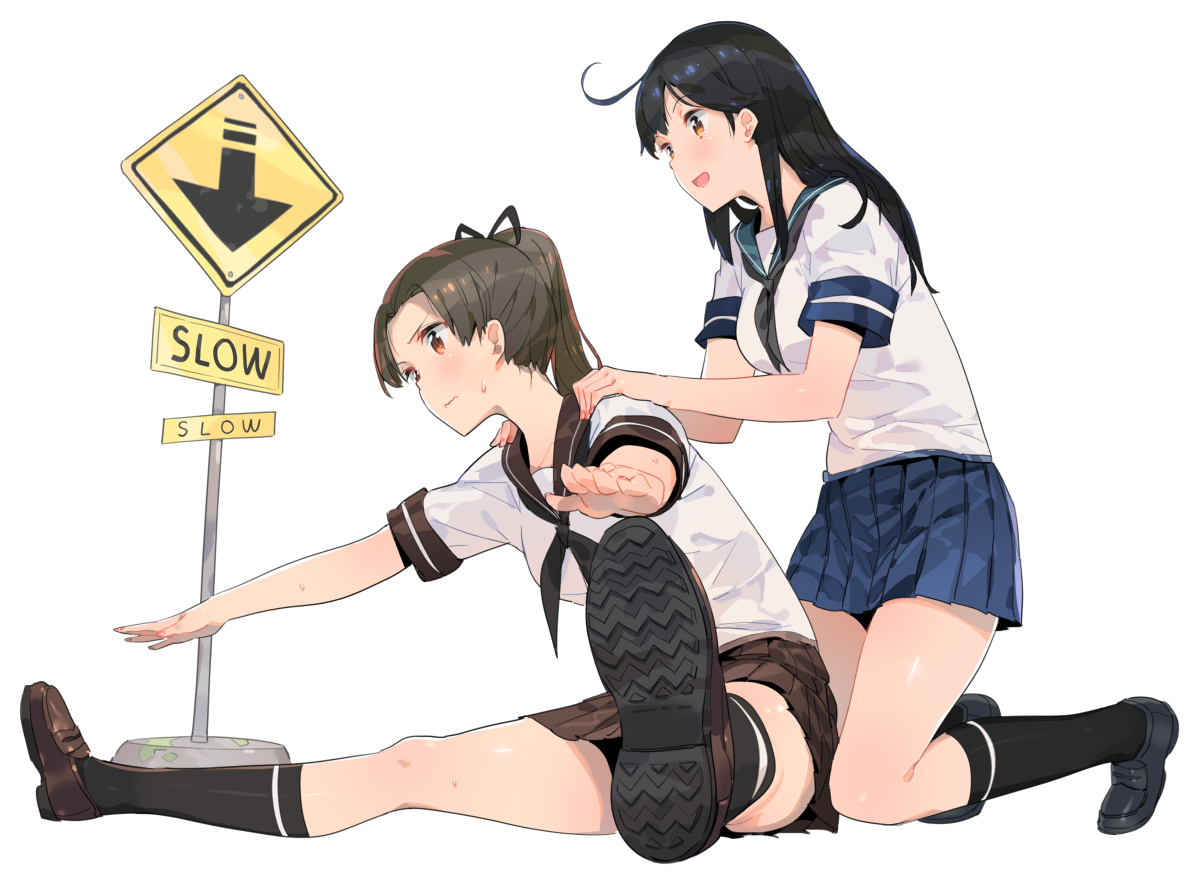 2girls, anthropomorphism, ayanami_(kancolle), black_hair, brown_eyes, brown_hair, ddal, kantai_collection