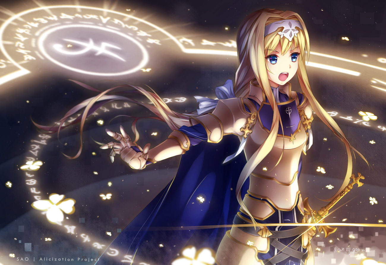 alice_zuberg, armor, bagus_casbon, blonde_hair, blue_eyes, bow, cape, gloves