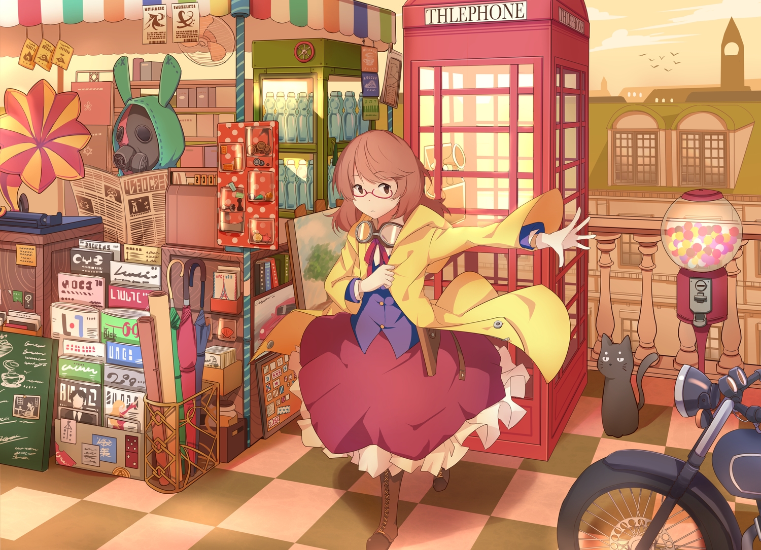 animal, animal_ears, book, boots, brown_eyes, brown_hair, building, cat