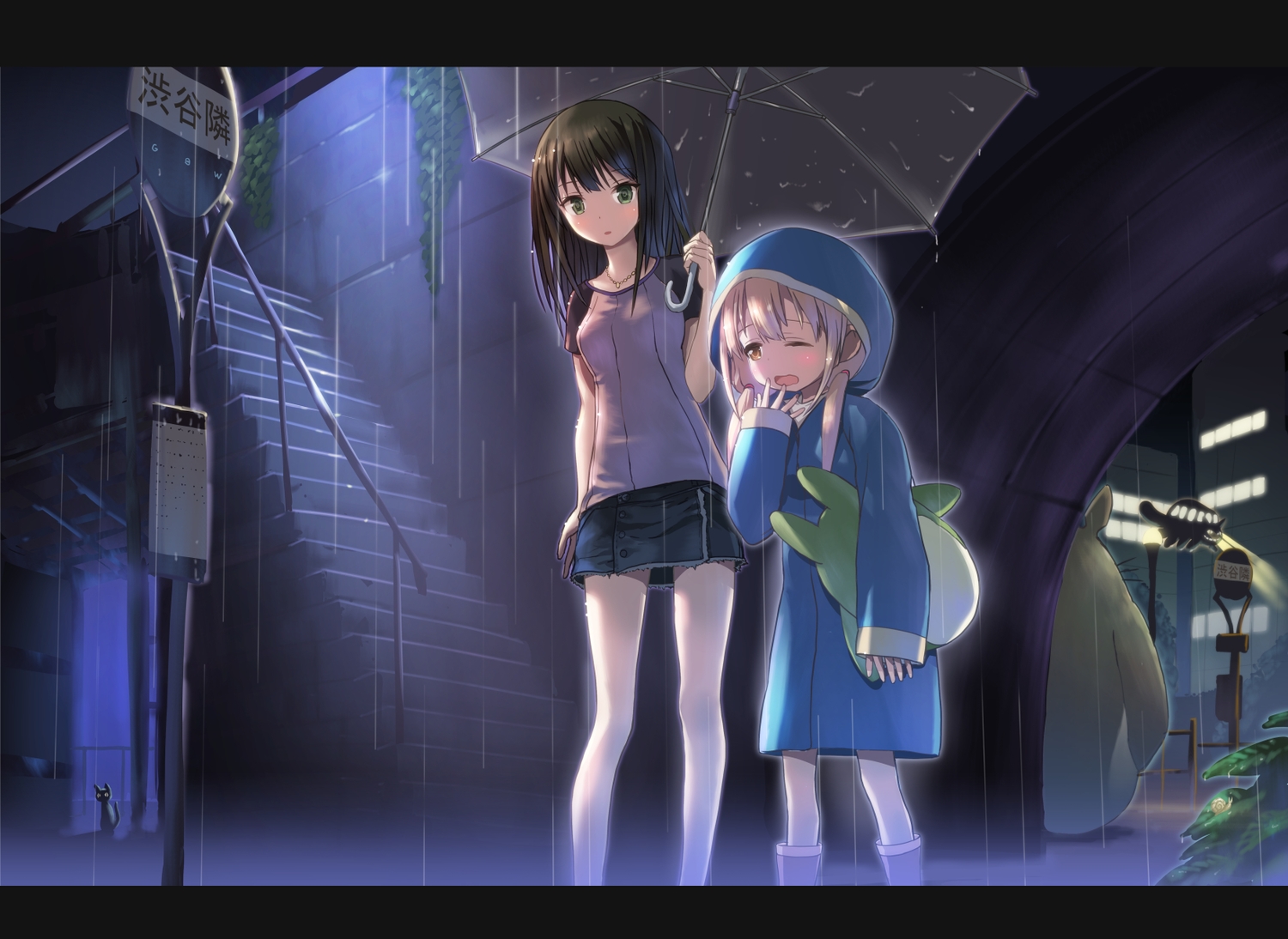 2girls, crossover, futaba_anzu, idolmaster, idolmaster_cinderella_girls, jiji_(character), majo_no_takkyuubin, night, rain, shibuya_rin, tonari_no_totoro, totoro, tougetsu_gou, umbrella, water