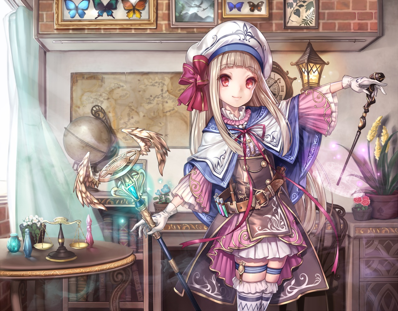 blonde_hair, book, bow, cape, flowers, garter, gloves, hat, long_hair, magic, nakasaki_hydra, original, pixiv_fantasia, red_eyes, ribbons, staff, thighhighs