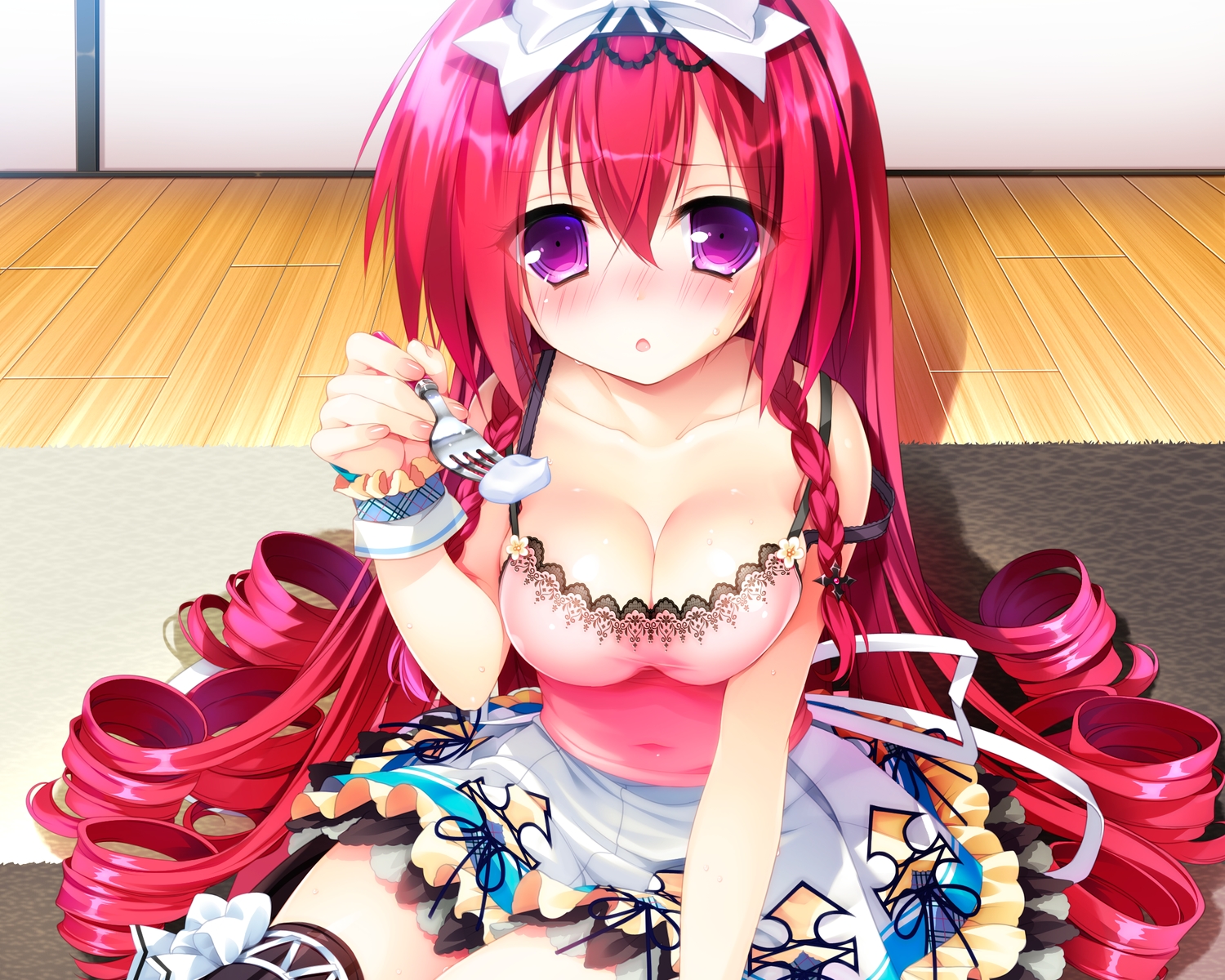 blush, bow, breasts, cleavage, food, game_cg, headdress, lass, long_hair, mayoeru_futari_to_sekai_no_subete, mizunomiya_nana, moriyama_shijimi, purple_eyes, red_hair, thighhighs