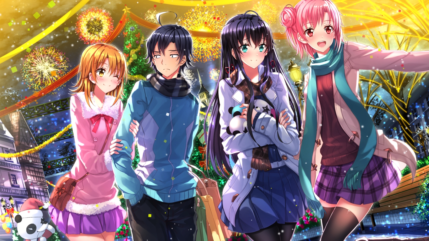 animal, aqua_eyes, bear, black_hair, brown_eyes, brown_hair, building, christmas