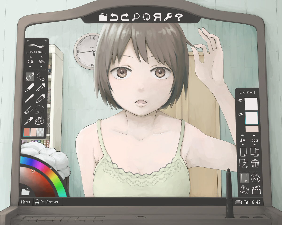 brown_eyes, brown_hair, computer, original, short_hair, yajirushi_(chanoma)