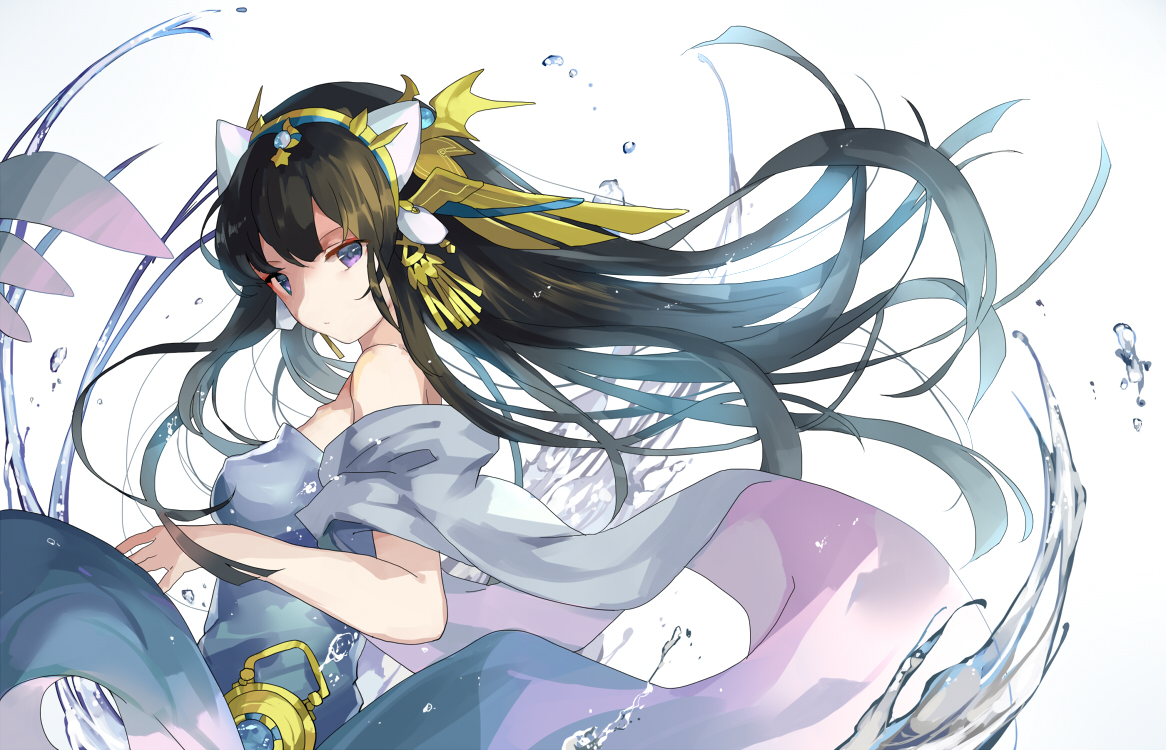 brown_hair, dress, headdress, isis_(p&d), long_hair, maiwetea, purple_eyes, puzzle_&_dragons, water, white