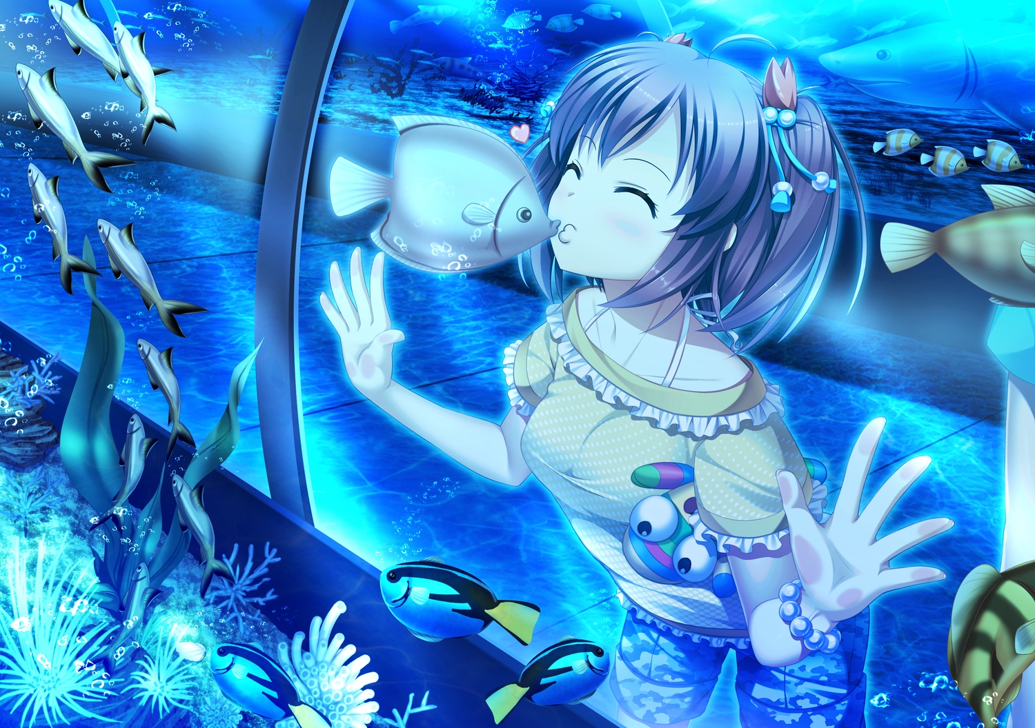 33paradox, animal, bubbles, fish, heart, kiss, original, polychromatic, shorts, twintails, underwater, water, wristwear