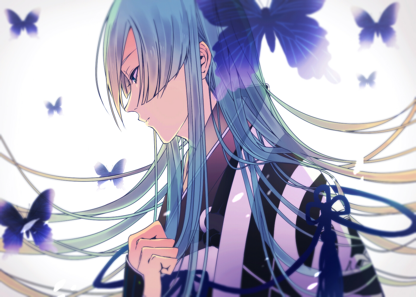 all_male, anthropomorphism, blue_hair, butterfly, gari, kousetsu_samonji, long_hair, male
